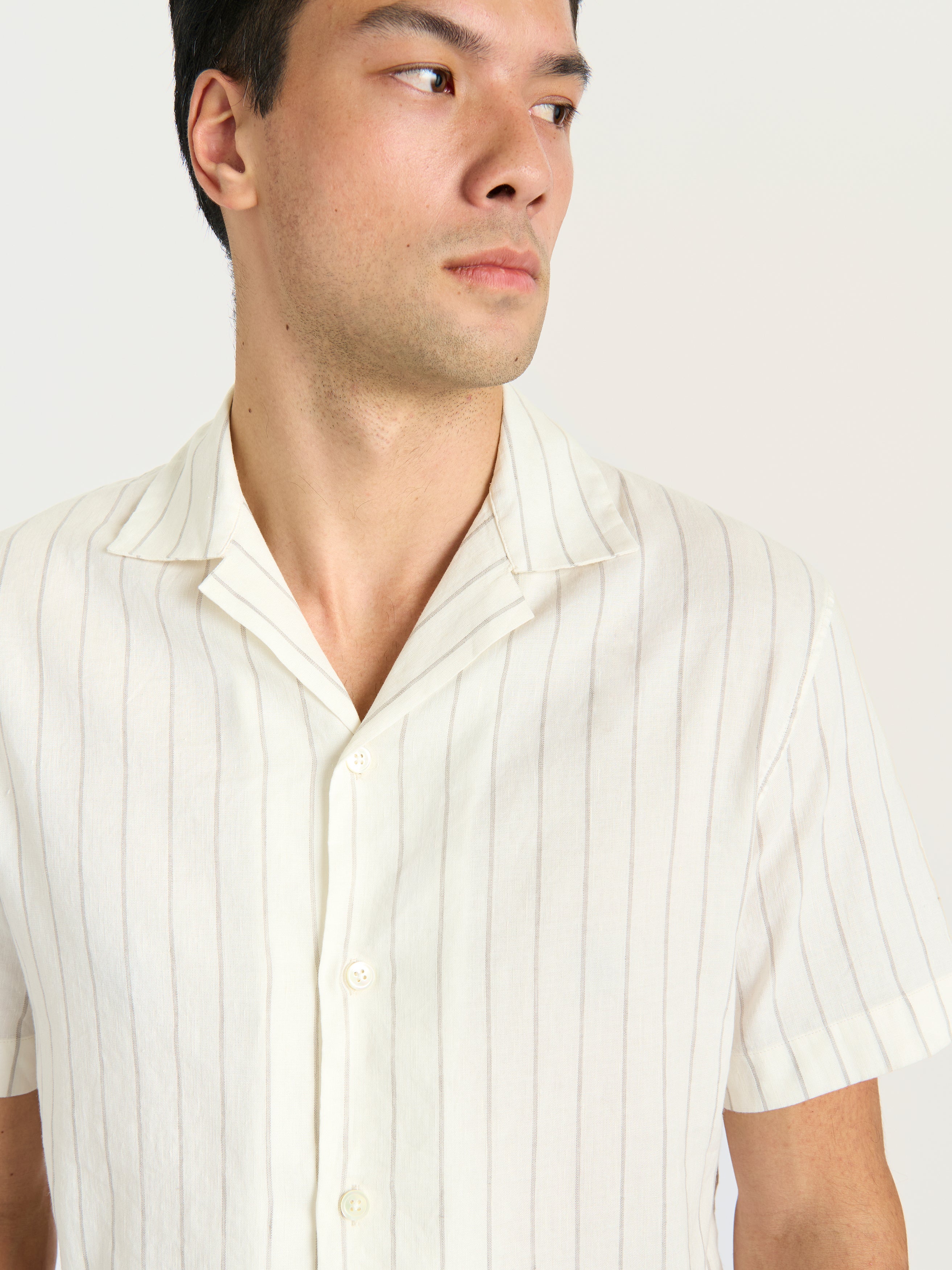 The Lido Stripe Cuban Collar Shirt || Ecru | Linen